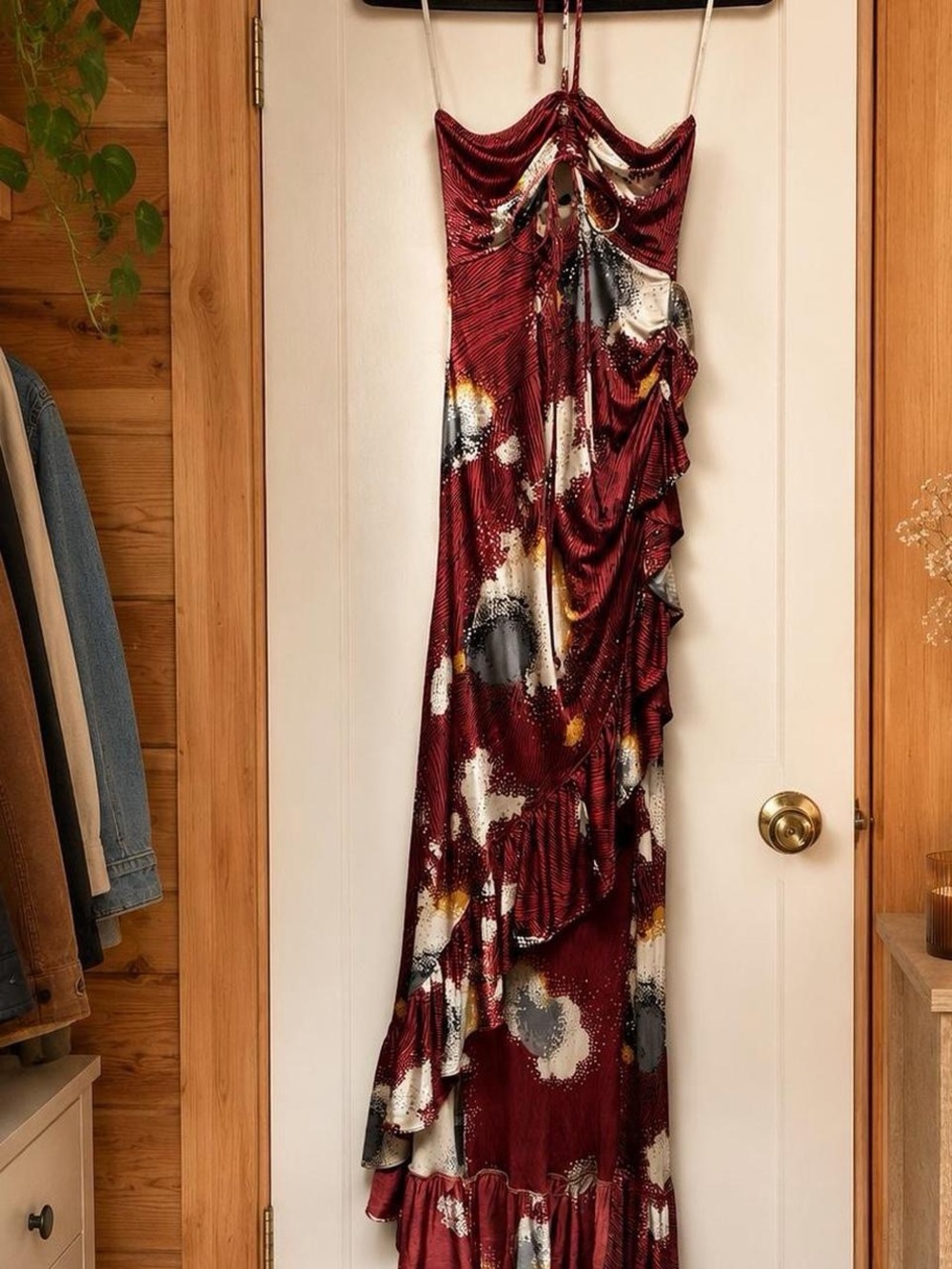 New! Sky Women's Burgundy and cream Ruffle maxi Dress